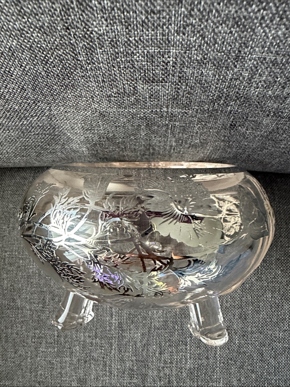 Vintage Silver City Flanders Clear Etched Glass bowl Silver Poppy overlay Design